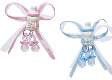 Deko -  Schleife mit Flasche und Schnuller - blau  oder rosa - ca. 5cm